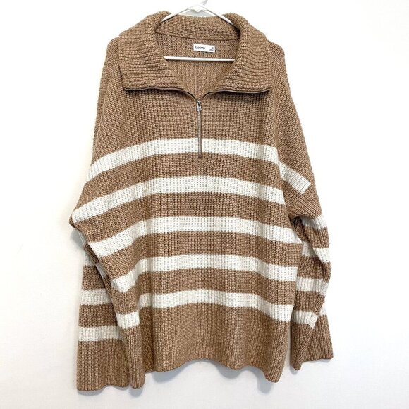 SONOMA Plus Size Quarter Zip Tunic Sweater Tan Brown White Striped 1/4 Zip Fall - Picture 2 of 15